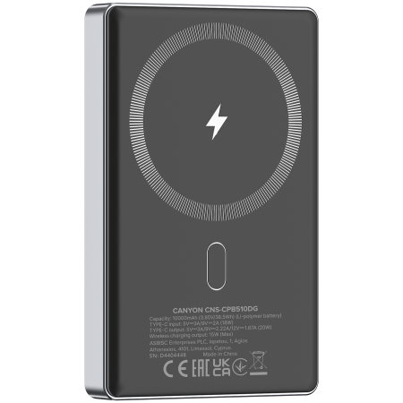 CANYON power bank OnPower 510 slim Magnetic 10000 mAh PD20W Dark Grey [3]