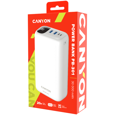 CANYON power bank PB-301 LED 30000 mAh PD 20W QC 3.0 White [3]