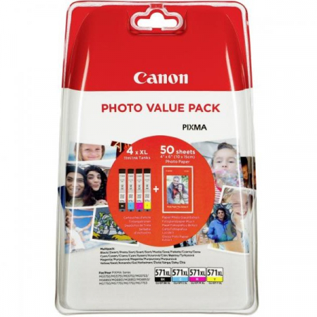 Pixma TS6050 - Set cartuse cerneala Canon B+C+M+Y cap.mare CLI-571XL + hartie foto 10x15 50coli