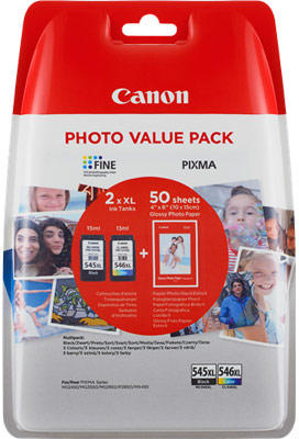Cartus Cerneala - Pachet promotional cartuse cerneala Canon PG-545XL / CL-546XL Photo Value Pack Multipack + 50 coli hartie foto (BS8286B006AA) - CANON