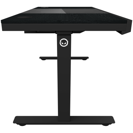 Dual-motor sit/stand adjustable-height gaming desk with built-in PC case, wireless charger, RGB lighting, control panel, and USB ports, PB melamine surface tabletop, black. [3]