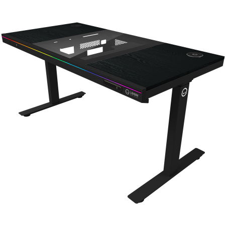 Dual-motor sit/stand adjustable-height gaming desk with built-in PC case, wireless charger, RGB lighting, control panel, and USB ports, PB melamine surface tabletop, black. [1]