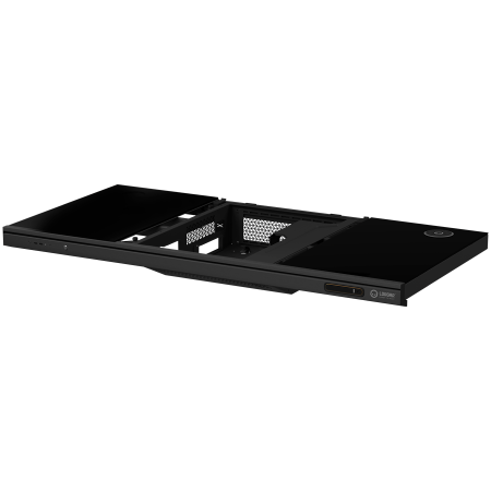 Dual-motor sit/stand adjustable-height gaming desk with built-in PC case, wireless charger, RGB lighting, control panel, and USB ports, tempered glass tabletop, black. [5]