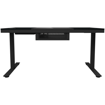 Dual-motor sit/stand adjustable-height gaming desk with built-in PC case, wireless charger, RGB lighting, control panel, and USB ports, tempered glass tabletop, black. [4]