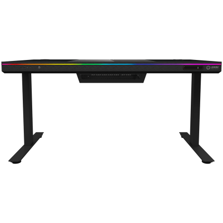 Dual-motor sit/stand adjustable-height gaming desk with built-in PC case, wireless charger, RGB lighting, control panel, and USB ports, tempered glass tabletop, black. [2]