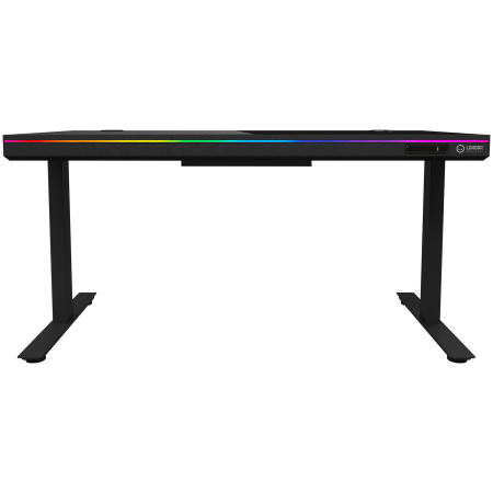 Dual-motor sit/stand adjustable-height gaming desk with wireless charger, RGB lighting, control panel, and USB ports, solid tempered glass tabletop, black. [2]