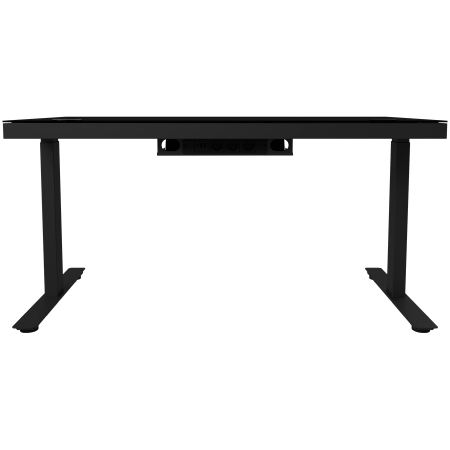 Dual-motor sit/stand adjustable-height gaming desk with wireless charger, RGB lighting, control panel, and USB ports, solid tempered glass tabletop, black. [5]