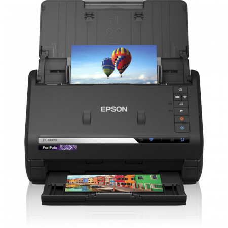 Scanner Epson FASTFOTO FF-680W, dimensiune A4, tip sheetfed, viteza scanare: 46ppm alb-negru si color, rezolutie optica 6400x9600dpi, senzor CIS, Duplex, software : Epson ScanSmart,  Formate iesire: JPEG, TIFF, PDF, searchable PDF, PDF/A, interfata: USB 3.0, Wireless LAN IEEE 802.11b/g/n (WiFi 4), [2]