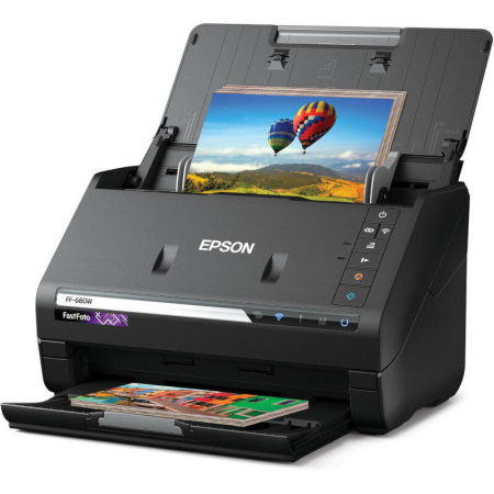Scanner Epson FASTFOTO FF-680W, dimensiune A4, tip sheetfed, viteza scanare: 46ppm alb-negru si color, rezolutie optica 6400x9600dpi, senzor CIS, Duplex, software : Epson ScanSmart,  Formate iesire: JPEG, TIFF, PDF, searchable PDF, PDF/A, interfata: USB 3.0, Wireless LAN IEEE 802.11b/g/n (WiFi 4), [1]