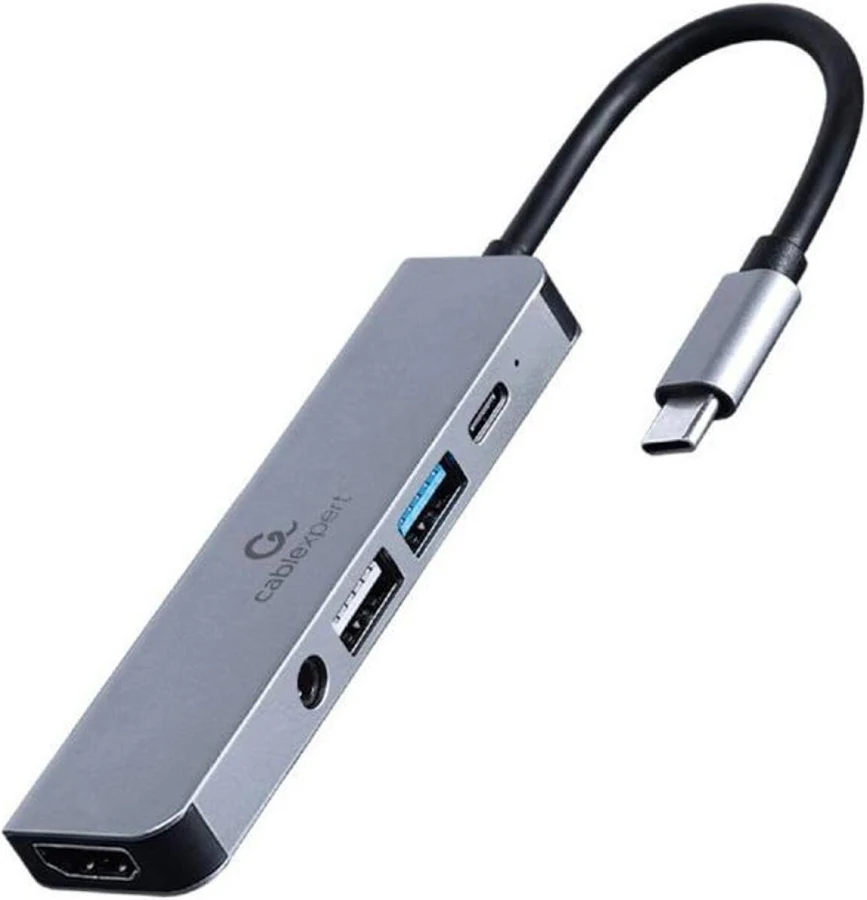 Adaptoare - Hub multiport Gembird A-CM-COMBO5-02, Adaptor 5-în-1, USB-C la HDMI, PD, Audio Stereo, Gri