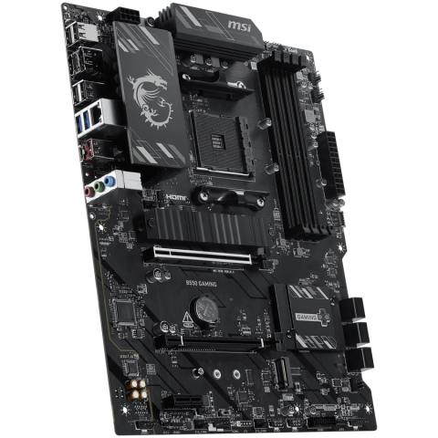 MSI B550 GAMING, ATX, Socket AM4, 4x DDR4 Dual Channel up to 4866+(OC)MHz, 2x PCIe x16 slots, 2x M.2 slots, 2x USB 3.2 Gen 2 (1x Type-C), 2x USB 3.2 Gen 1, 4x USB 2.0, 1x HDMI, 1x DP, 1G LAN, 7.1 HD A [1]