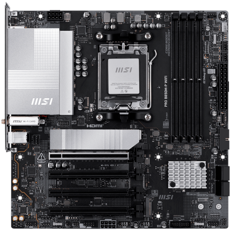 MSI PRO B850M-P WIFI, mATX, Socket AM5, 4x DDR5 Dual Channel DDR5 up to 8200(OC)MHz, 4x PCIe x16 slot, 3x M.2 slot, 4x USB 2.0, 2x USB 5Gbps, 1x USB 10Gbps, 1x USB 10Gbps Type-C, DP, 7.1 HD Audio, 5G  [1]