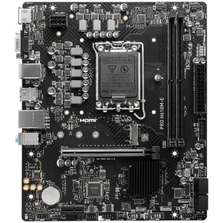 MSI PRO H610M-E, mATX, LGA 1700, Dual Channel DDR5 5600+MHz, 1x PCIe x16 slot, 1x M.2 slot, 1x HDMI, 1x VGA, 2x USB 3.2 Gen 1, 4x USB 2.0, 7.1 HD Audio, Realtek ALC897 Codec, 3Y [1]