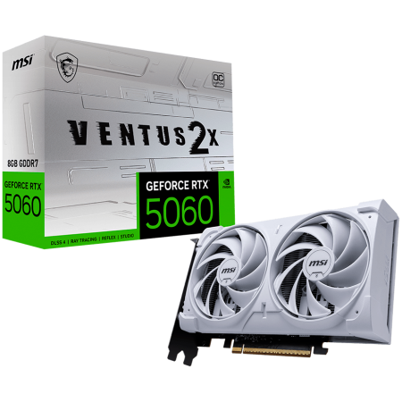 Cabluri & Adaptoare Audio-Video - MSI Video Card NVIDIA GeForce RTX 5060 8G VENTUS 2X OC WHITE, 8GB GDDR7, 128-bit, 2535 MHz Boost, 3840 CUDA Cores, PCIe 5.0 (x8), 3x DP 2.1b, HDMI 2.1b, RAY TRACING, Dual Fan, 145W TDP, 8-pin PCIe Pow