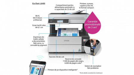Imprimanta multifunctionala Epson EcoTank L6490 InkJet, Color, Format A4, Duplex, Retea, Wi-Fi, Fax [1]