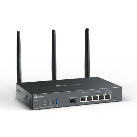 "Omada AX3000 Wi-Fi 6 Gigabit VPN Router PORT: 1× Gigabit SFP WAN/LAN Port, 1× Gigabit RJ45 WAN Port, 4× Gigabit WAN/LAN RJ45 Ports, 1× USB 3.0 SPEED: 574Mbps at 2.4 GHz + 2402 Mbps at 5 GHz (HE160) F [3]