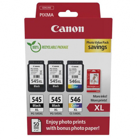 Cartus Cerneala - Pachet foto 3 cartuse Canon cap. mare 2xPG-545XL + CL-546XL + hartie foto 10x15 50coli