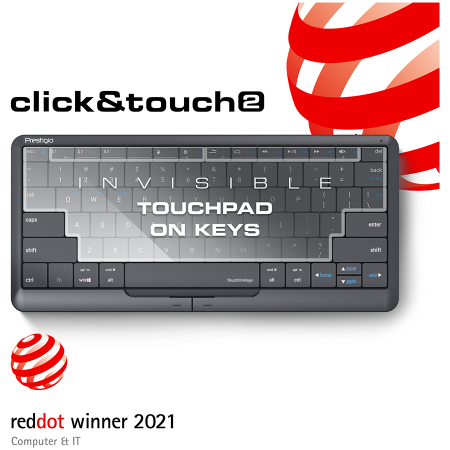 Mouse - Prestigio Click&Touch 2, wireless multimedia smart keyboard with touchpad embedded into keys, auto-switch between keyboard and touchpad modes, touch multimedia sliders, left and right physical "mouse"