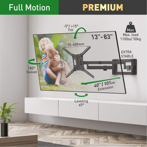 Suport TV plat/curbat de perete cu 2 brate Barkan BM464XL, 13"- 83", Max 50kg, VESA 600x400, negru [7]