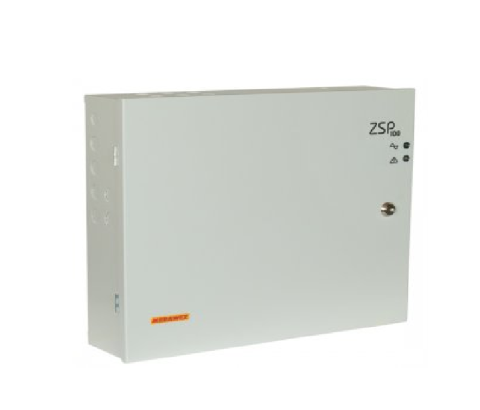 NOD_products_tech - Sursa de alimentare pentru sisteme de detectie incendiu 24V/4A in cutie metalica Merawex ZSP100-4A-18, loc pentru 2 acumulatori, Tensiune de intrare: 100/230VAC, eficienta ridicata sub sarcina si cons