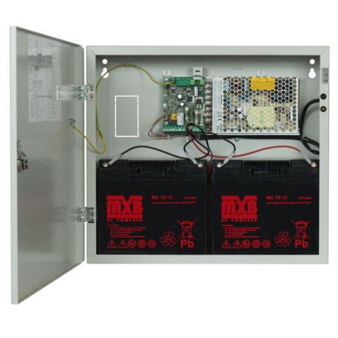 NOD_products_tech - Sursa de alimentare pentru sisteme de detectie incendiu 24V/5.5A in cutie metalica Merawex ZSP100-5.5A-18, loc pentru 2 acumulatori 12V/18Ah. Tensiune de intrare: 100/230VAC, eficiență ridicată sub sa