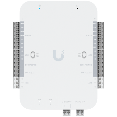 Retelistica - Ubiquiti UA-Retrofit-Hub-2 DC-powered hub that supports Wiegand and OSDP readers and provides entry and exit control for up to two doors
