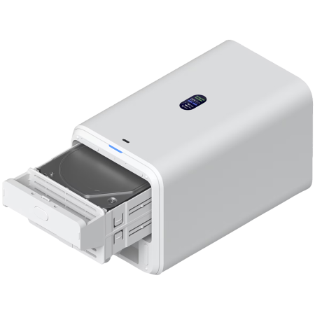 Ubiquiti UniFi UNAS-2-W-EU Network Attached Storage with (2) 3.5inch HDD bays, 2.5 GbE networking, USB-C connectivity, and an included PoE++ adapter, all in a compact footprint [1]