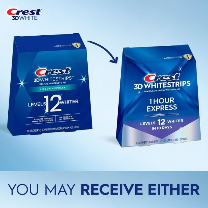 Benzi Crest 3D White 1 Hour Express, 12% concentratie, 10 zile, 20 benzi, aplicare 60 min, nivel albire 12, benzi albire dinti [6]