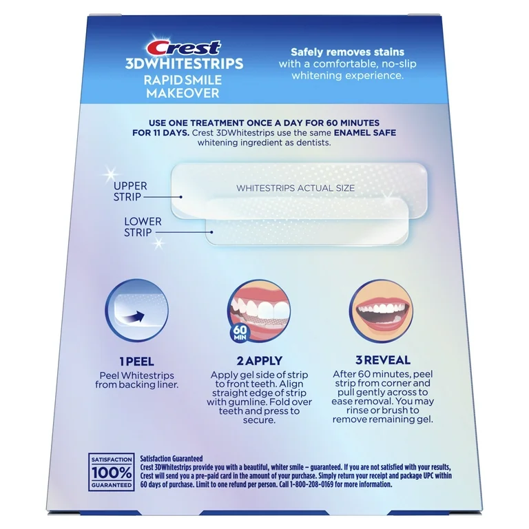 Benzi Crest 3D White RAPID SMILE MAKEOVER, 11 zile, 22 benzi, aplicare 60 min, nivel albire 10, benzi albire dinti [2]