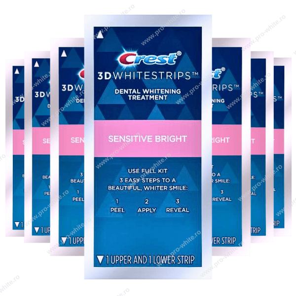 Benzi Crest 3D Whitestrips Sensitive Bright, 6% concentratie, 14 plicuri, 28 benzi albire, nivel albire 7, aplicare 45 min, benzi albire dinti sensibili [6]