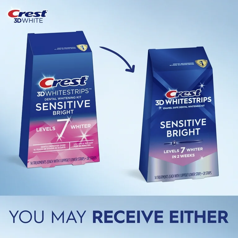 Benzi Crest 3D Whitestrips Sensitive Bright, 6% concentratie, 14 plicuri, 28 benzi albire, nivel albire 7, aplicare 45 min, benzi albire dinti sensibili [2]