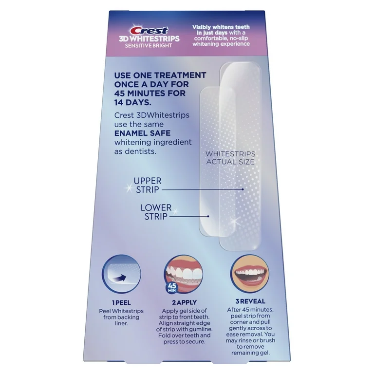Benzi Crest 3D Whitestrips Sensitive Bright, 6% concentratie, 14 plicuri, 28 benzi albire, nivel albire 7, aplicare 45 min, benzi albire dinti sensibili [8]
