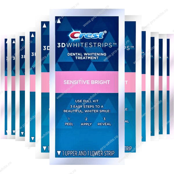 Benzi Crest 3D Whitestrips Sensitive Bright, 6% concentratie, 14 plicuri, 28 benzi albire, nivel albire 7, aplicare 45 min, benzi albire dinti sensibili [7]