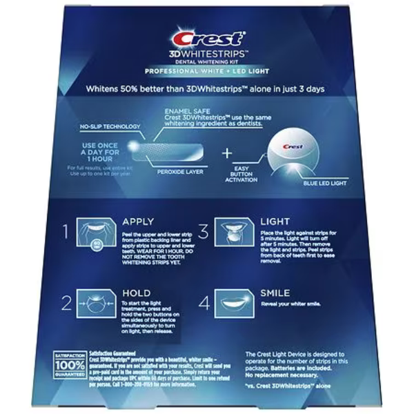 Crest 3D Whitestrips Professional White + Led Light, 19 plicuri, 38 plasturi, Lampa UV, concentratie 10%, nivel albire 30, kit albire dinti [2]