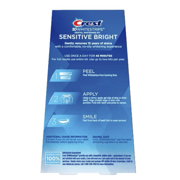 Benzi Crest 3D Whitestrips Sensitive Bright, 6% concentratie, 14 plicuri, 28 benzi albire, nivel albire 7, aplicare 45 min, benzi albire dinti sensibili [5]