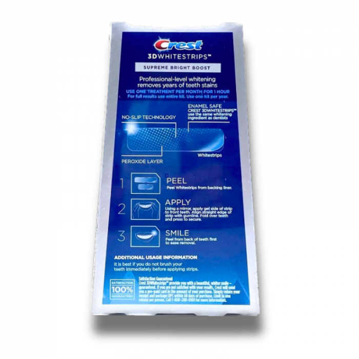 Crest 3D Whitestrips Supreme Bright Boost, 14% concentratie, tratament 7 zile, 14 benzi albire, nivel albire 8, aplicare 60 min, benzi albire dinti [2]