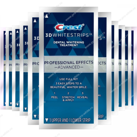 Benzi albire Crest - 10 zile x Crest 3D Whitestrips Professional Effects ADVANCED, 10% concentratie, 20 benzi albire Crest, nivel albire 9, aplicare 45 min, benzi albire dinti