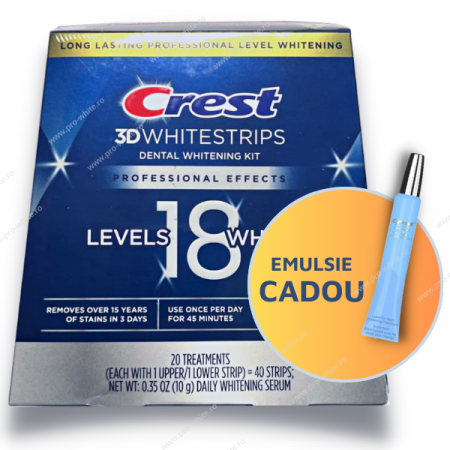 Kit Albire Dinti - Crest Professional Effects + Emulsie CADOU, 10% concentratie, 20 zile, 40 benzi albire, nivel albire 18, aplicare 45 min
