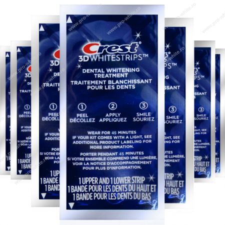 Albirea dintilor pentru prima data - 7 zile x Crest 3D Whitestrips Professional Effects, 10% concentratie, 14 benzi albire Crest, nivel albire 6, aplicare 45 min, benzi albire dinti