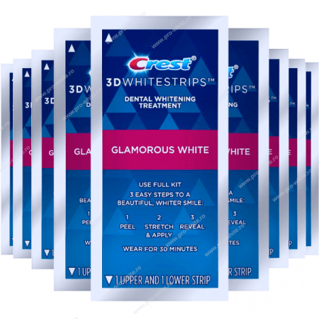 Benzi albire Crest - Benzi Crest 3D Glamorous White, 10 zile, 20 benzi, 10% concentratie, aplicare 30 min, nivel albire 6, benzi albire dinti