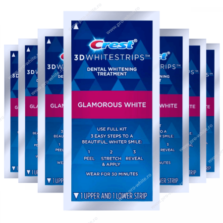 Benzi albire Crest - Benzi Crest 3D Glamorous White, 7 zile, 14 benzi, 10% concentratie, aplicare 30 min, nivel albire 4-5, benzi albire dinti