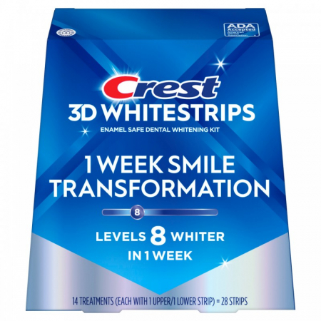 Benzi albire Crest - Benzi Crest 3D 1 WEEK SMILE TRANSFORMATION, complet 14 zile, 28 benzi, 10% concentratie, aplicare 30 min, 14 zile, nivel albire 8, benzi albire dinti