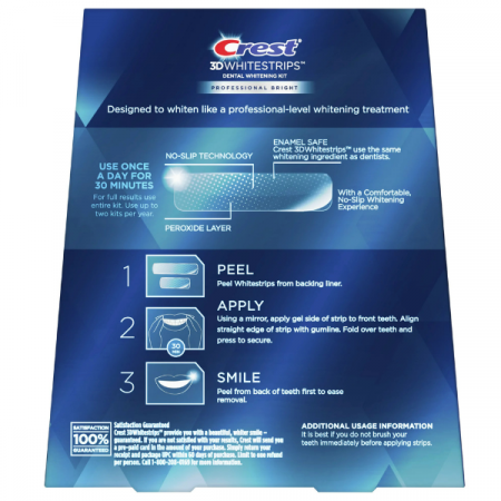 Benzi Crest 3D Professional Bright, 10% concentratie, 7 zile, 14 benzi, aplicare 30 min, nivel albire 4-5, benzi albire dinti [1]