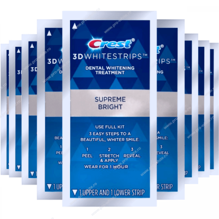 Benzi Crest 3D Supreme Bright, 16% concentratie, 10 zile, 20 benzi albire, nivel albire 13, aplicare 60 min, benzi albire dinti [1]
