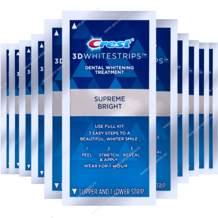 Benzi albire Crest - 14 zile x Benzi Crest 3D Supreme Bright, 14% concentratie, 14 plicuri, 28 benzi albire, nivel albire 18, aplicare 60 min, benzi albire dinti