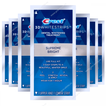 Benzi albire Crest - 7 zile x Benzi Crest 3D Supreme Bright,14% concentratie, 7 plicuri, 14 benzi albire, aplicare 60 min, nivel albire 8, benzi albire dinti
