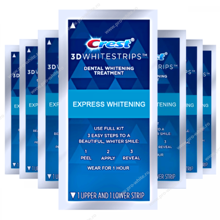 Benzi albire Crest - Benzi Crest 3D White 1 Hour Express, 12% concentratie, 7 zile, 14 benzi, aplicare 60 min, nivel albire 9