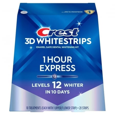 Albirea dintilor pentru prima data - 7 zile x Benzi Crest 3D White 1 Hour Express, 12% concentratie, 7 zile, 14 benzi, aplicare 60 min, benzi albire dinti, fara cutie