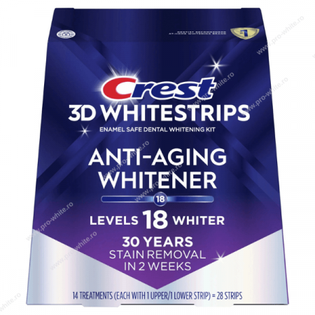 Benzi albire Crest - Benzi Crest 3D Whitestrips, nivel albire 18,  Anti-Aging Whitener, 14 zile, 28 benzi, aplicare 60 min, benzi albire dinti