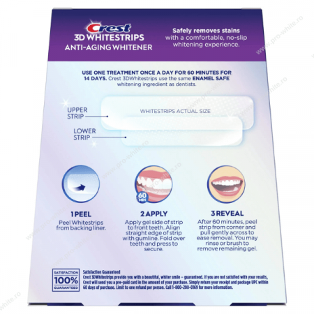 Benzi Crest 3D Whitestrips, nivel albire 18,  Anti-Aging Whitener, 14 zile, 28 benzi, aplicare 60 min, benzi albire dinti [1]
